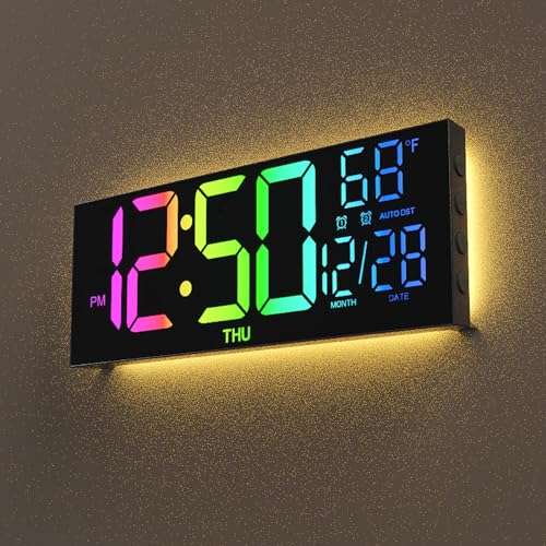 MEISD Digital Wall Clock, 13" Large Display Alarm Clock with Remote Control, RGB Colors, Dual Alarm, Auto-Dimming,Wall Clock with Night Light, Auto DST, Date Week,Temperature for Living Room, Bedroom