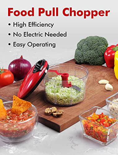 Food Chopper, Pull Onion Chopper Dicer, Hand Powered Food Chopper, Fast Cutting Hand Chopper Mincer for Oinon, Garlic, Nut, 3.4 Cups 0.8L, Red