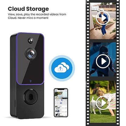 BITEPASS Doorbell Camera Wireless, Smart Video Cam with Chime, AI Human Detection, Two Way Audio, HD Live View, Night Vision, 2.4G WiFi Only, Cloud Storage, Indoor Outdoor Surveillance