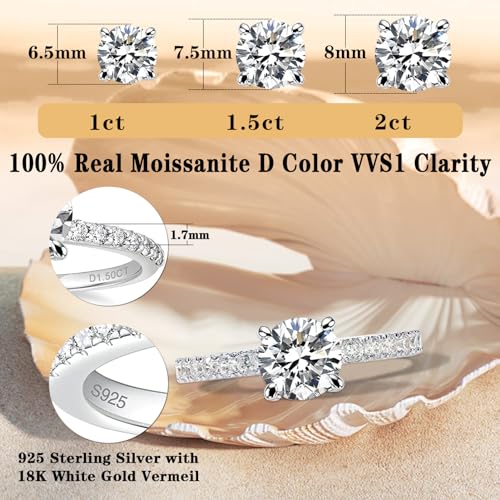 YosikCase Moissanite Rings for Women 1.5CT Moissanite Engagement Ring Sterling Silver Rings Size 7