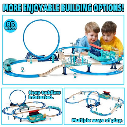 Toy Train Race Track Set 85pcs - Battery-Powered Electric Toddlers Travel Train Railroad Toy, Glow in The Dark High Speed Railway Racer Car Track Playset, DIY Birthday Gifts for Kids Boys Girls