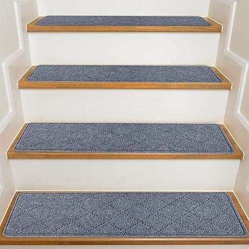 Stair Treads for Wooden Steps Indoor, KOOTETA 15 Pack 8" X 30" Non Slip Carpet Stair Treads with Reusable Adhesive for Kids Elders and Dogs, Surface Polyester TPR Backing Stair Rugs, Dark Grey