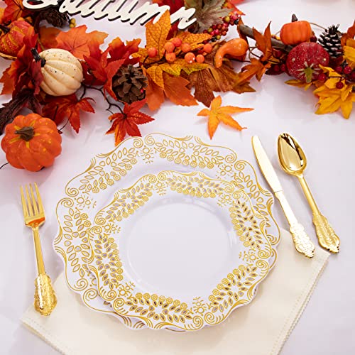 UPDATE: SOLD OUT! BUCLA 125PCS Gold Plastic Plates with Disposable Cutlery - White and Gold Plastic Dinnerware Include 25 Gold Dinner Plates, 25 Gold Dessert Plates, 25 Knives, 25 Forks, 25 Spoons for Thanksgiving