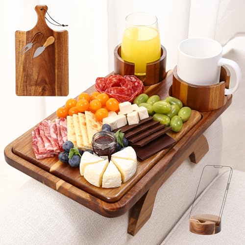 Couch Arm Table with Cup Holders and Cheese Board