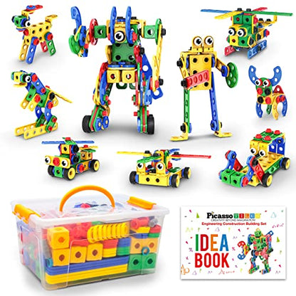 PicassoTiles STEM Learning Toys 201 Piece Building Block Kids Construction Engineering Kit Toy Blocks Children Early Education Playset w/Free IdeaBook, Power Drill, Clickable Ratchet, Age 3+ PTN201