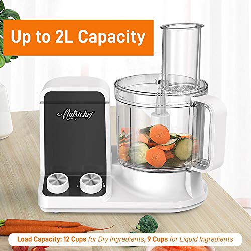 NutriChef Food Processor 2 Liter Capacity - Multipurpose & Ultra Quiet Motor - Includes 6 Attachment Blades & Silicone Feet to Prevent Slippage - 12 Cup Capacity - Pre-Set Speed For Easy Use