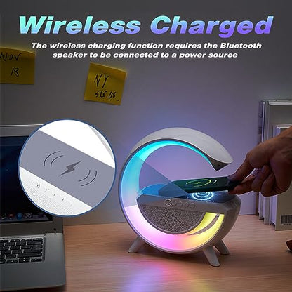 Delxo Bluetooth Speaker with Wireless Phone Charger,Big G-Shape Bluetooth Speakers for Teen Adults Birthday Gift Ideas,Atmosphere Lamp Speaker with LED Night Lights for Bedroom,White