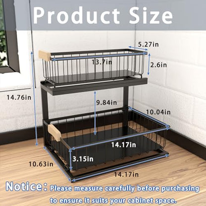 QINFZY 2 Tier Under Sink Organizer Bathroom, L Shaped Adjustable Under Sink Organizers and Storage, Metal Pull Out Under Cabinet Organizer for Bathroom Kitchen