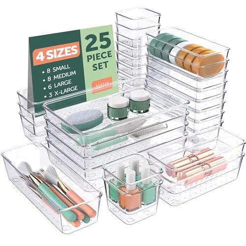 25 PCS Clear Plastic Drawer Organizers Set, 4 Sizes Clear Drawer Organizers & storage Bins for Makeup/Jewelry Vanity, Kitchen Gadgets Or Office Desk. Bathroom Drawer Organizer Trays With Non-Slip Pads