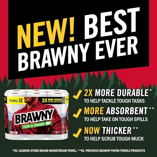 Brawny Tear-A-Square Paper Towels, 6 Double Rolls = 12 Regular Rolls, 3 Sheet Sizes (Quarter, Half, Full), Strength for All Messes, Cleanups, and Meal Prep