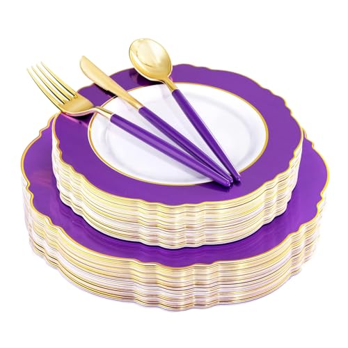 30 Guest Plastic Plates and Gold Disposable Silverware Set