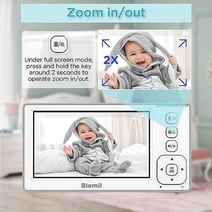 Blemil Baby Monitors, 4.3'' IPS Split-Screen Monitor with 29-Hour Battery, Pan-Tilt-Zoom Video Baby Monitor with 2 Cameras and Audio, No WiFi, 2X Zoom