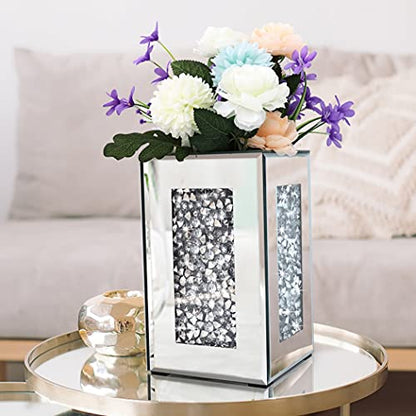 Crushed Diamond Mirrored Vase 6x6x10 inch Crystal Silver Glass Stunning Decorative Vase Flower Luxury for Home Decor. Can’t Hold Water.
