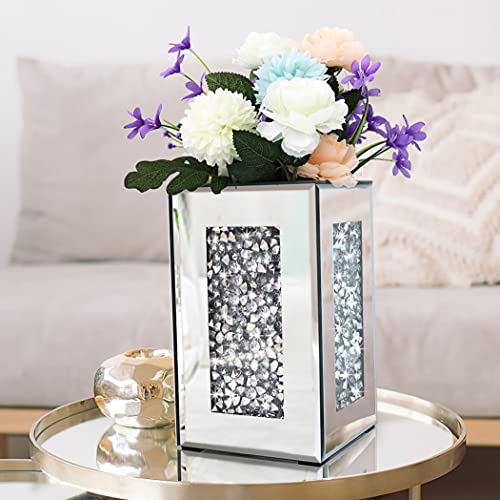 Crushed Diamond Mirrored Vase 6x6x10 inch Crystal Silver Glass Stunning Decorative Vase Flower Luxury for Home Decor. Can’t Hold Water.