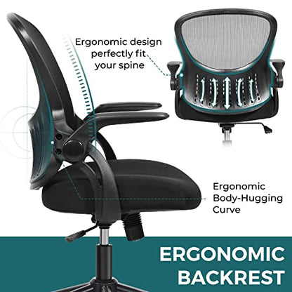 SMUG Office Computer Gaming Desk Chair, Ergonomic Mid-Back Mesh Rolling Work Swivel Chairs with Flip-up Arms, Comfortable Lumbar Support, Comfy Arms for Home, Bedroom, Study, Student, Adults, Black