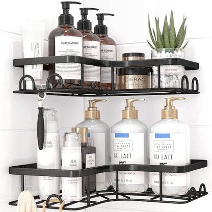 Sakugi Corner Shower Caddy - 2 Pack, Adhesive Shower Organizers, Rustproof Stainless Steel Shower Shelves with 8 Hooks, No Drilling Bathroom Organizers and Storage Racks, Space-Saving, Black,Medium