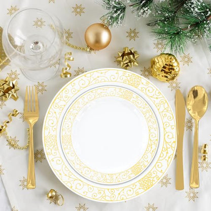 GreenElevate Easter Plastic Plates, 300 Pieces Disposable Plates for 50 Guests: 50 Dinner Plates, 50 Dessert Plates, 50 Cups, 50 Gold Plastic Silverware, Disposable Party Plates Set