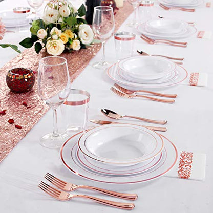 WDF 50Guest Rose Gold Plastic Plates with Disposable Plastic Silverware& Rose Gold Cups&Rose Gold Plastic Bowls&Hand Napkins-Plastic Dinnerware for Wedding&Parties