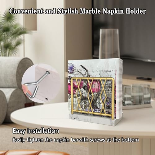 LWSFF Napkin Holder for Table, Elegant Marble Standing Napkin Dispenser for Kitchen Dining Modern Cocktail Picnic Bar, Metal Tissue Holders for kitchen Suitable for All Dining Room Decors Gold
