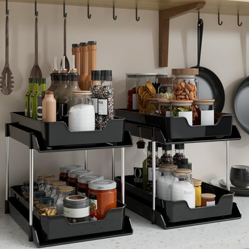2 Pack Black Under Sink Organizer, Multi-Purpose kitchen and Bathroom organization,Pull Out Drawers Organizer,pantry organizersalso used for countertop,makeup and medicine cabinet storage.