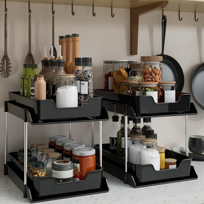 2 Pack Black Under Sink Organizer, Multi-Purpose kitchen and Bathroom organization,Pull Out Drawers Organizer,pantry organizersalso used for countertop,makeup and medicine cabinet storage.
