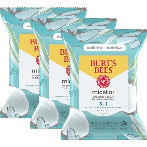 Burt's Bees Coconut & Lotus Face Wipes, for All Skin Types, College Back to School Dorm Essentials, Micellar Makeup Remover & Facial Cleansing Towelettes, 30 Ct. (3-Pack)