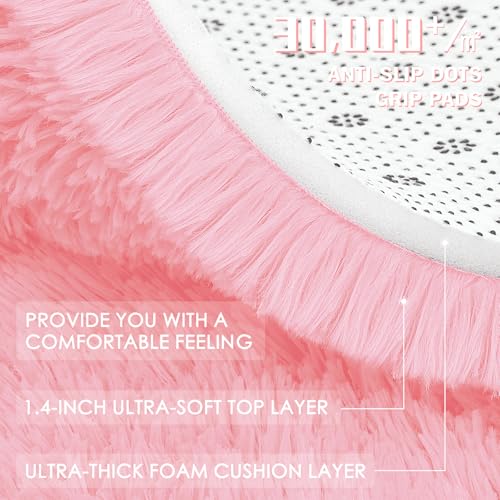 OLANLY Pink Round Rugs for Bedroom - Machine Washable, 4x4 Feet Circle Area Rugs for Living Room, Soft and Fluffy Shaggy Carpet for Teen Girls and Boys, Dorms, Nursery Rooms, Home Decor Aesthetic
