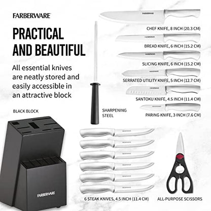 Farberware 15-Piece High-Carbon Stamped Stainless Steel Kitchen Knife Set with Wood Block, Steak Knives, Razor-Sharp, Black, Ultra-Sharp Blades, Ergonomic Comfort Grip