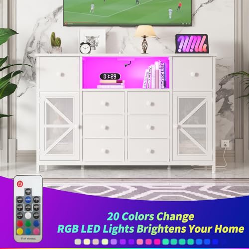 HDDDZSW White Dresser for Bedroom with Charging Station and LED Lights, Chest of Drawers for Bedroom with 8 Fabric Drawers and 2 Doors, Dressers Storage TV Stand for Bedroom, Living Room