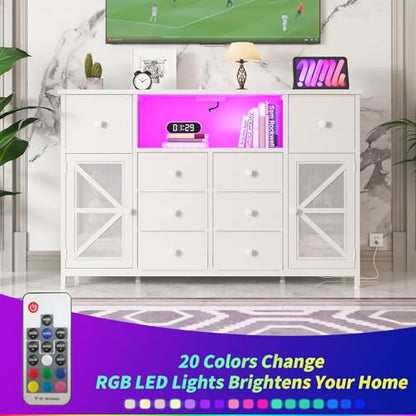 HDDDZSW White Dresser for Bedroom with Charging Station and LED Lights, Chest of Drawers for Bedroom with 8 Fabric Drawers and 2 Doors, Dressers Storage TV Stand for Bedroom, Living Room
