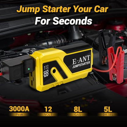 E-Ant COCY-023 Car Jump Starter 3000A, 12V Emergency Jump Starter Battery Pack for Up to 8L Gas/5L Diesel Engine, Portable Battery Booster Jump Box Power Bank with USB QC 3.0, Storage Case, LED Light