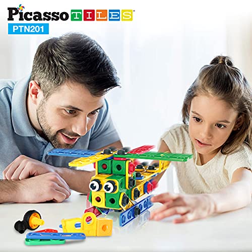 PicassoTiles STEM Learning Toys 201 Piece Building Block Kids Construction Engineering Kit Toy Blocks Children Early Education Playset w/Free IdeaBook, Power Drill, Clickable Ratchet, Age 3+ PTN201