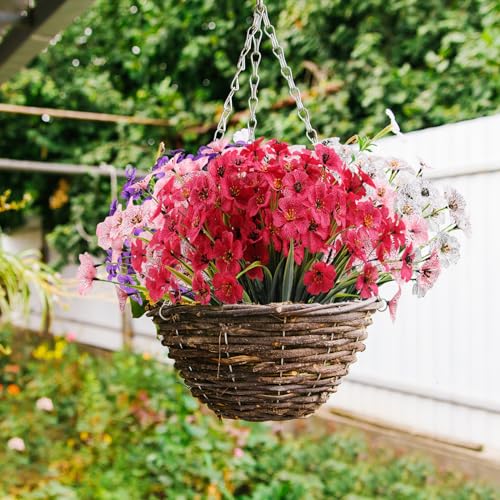 Powbrace 10 Bundles Artificial Flowers Outdoor, Faux Flowers UV Resistant with Plastic Plants, Faux Silk Flowers for Outdoors Outside Front Porch Hanging Planter Window Box Garden Decoration(Rose Red)