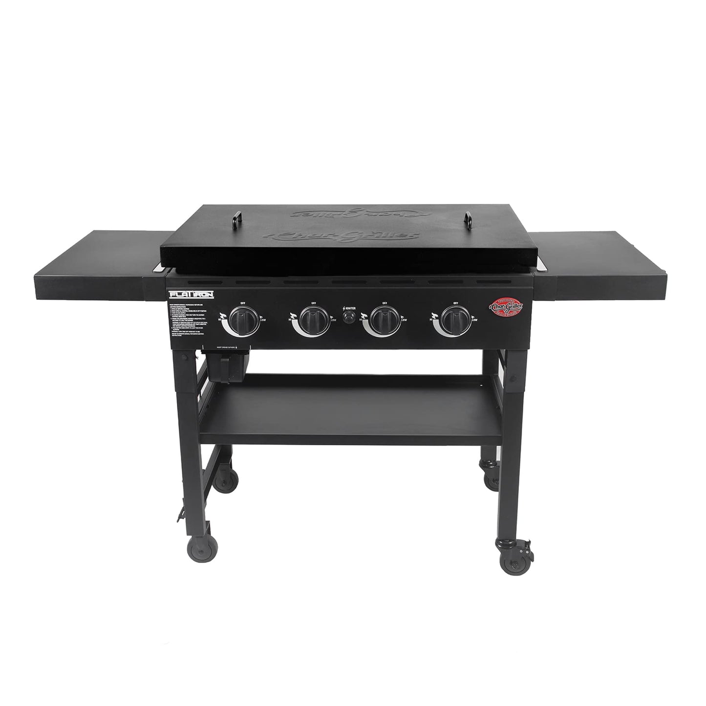 Char-Griller® Flat Iron 4-Burner Propane Gas Flat-Top Griddle with Steel Griddle Top, Wind Guards and Removable Lid, 775 Cooking Square Inches in Black, Model 8036