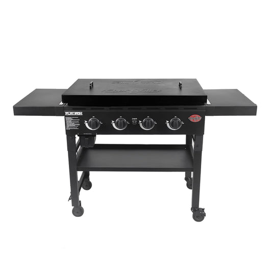 Char-Griller® Flat Iron 4-Burner Propane Gas Flat-Top Griddle with Steel Griddle Top, Wind Guards and Removable Lid, 775 Cooking Square Inches in Black, Model 8036