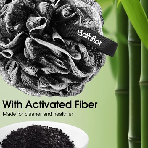 Bathflor Loofah Sponge Exfoliating Body Scrubber: 4PCS Extra Large 80g Shower Loofah Poufs, 1PCS Long Handle Loofa Back Scrubber, 1PCS Luffa Hook, Charcoal Loofah Pack for Women Men Bath Wash, Black