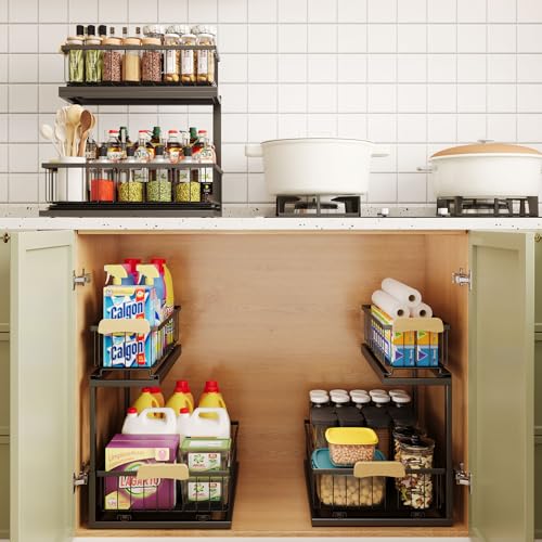 QINFZY 2 Tier Under Sink Organizer Bathroom, L Shaped Adjustable Under Sink Organizers and Storage, Metal Pull Out Under Cabinet Organizer for Bathroom Kitchen