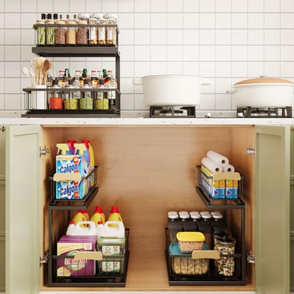 QINFZY 2 Tier Under Sink Organizer Bathroom, L Shaped Adjustable Under Sink Organizers and Storage, Metal Pull Out Under Cabinet Organizer for Bathroom Kitchen
