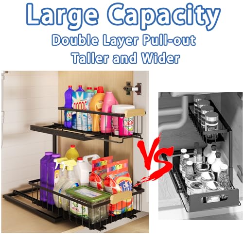 QINFZY 2 Tier Under Sink Organizer Bathroom, L Shaped Adjustable Under Sink Organizers and Storage, Metal Pull Out Under Cabinet Organizer for Bathroom Kitchen
