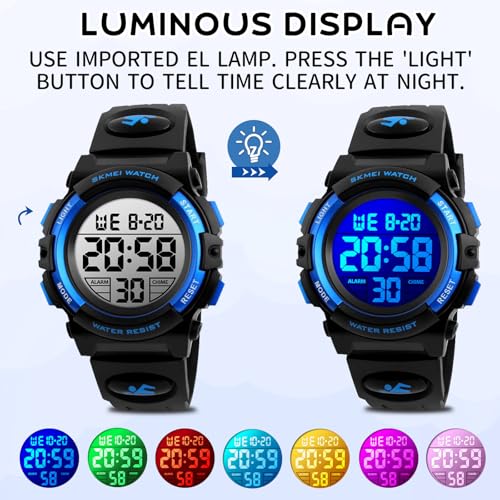 Dayllon Boys Watch Digital Outdoor Sport Waterproof Kids Watches 12/24H Alarm 7 Colorful Stopwatch Military Child Wristwatch for 3-8 Year Old 1266 Small Blue