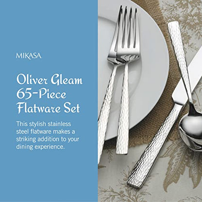 Mikasa Oliver Gleam Silverware, 18/10 Stainless Steel Cutlery 12, Inlcludes 5 Serving Untensils, 65 Piece Set, Silver