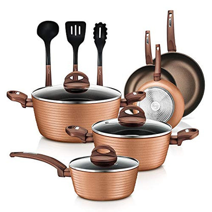 NutriChef Professional 12-Piece Brown Nonstick Cookware - PFOA/PFOS-Free, Heat Resistant Lacquer, Elegant Design, Multi-Sized Pots and Pans