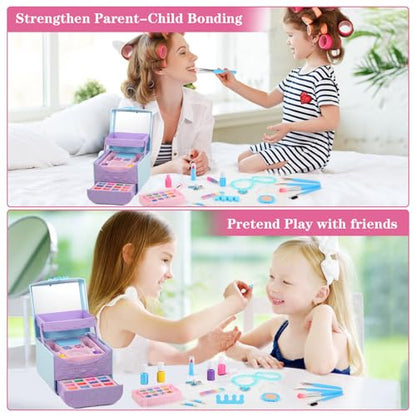 TOKIA 49pcs Big Amount Kids Makeup Kit for Gilrs, Non-Toxic & Safe Pretend Play Makeup for Little Girls, Real Washable Cosmetics with Case, Best Princess Birthday Gifts for Age 3-12 Years Old Toddlers