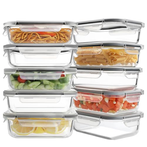 HOMBERKING 10 Pack Glass Meal Prep Containers, Food Storage Containers with Lids, Airtight Lunch Bento Boxes, BPA-Free & Leak Proof (10 lids & 10 Containers) - Grey