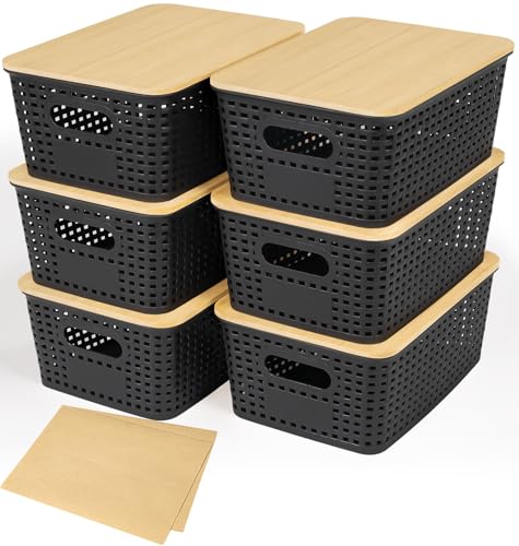 6 Pack Stackable Plastic Storage Baskets with Bamboo Lids