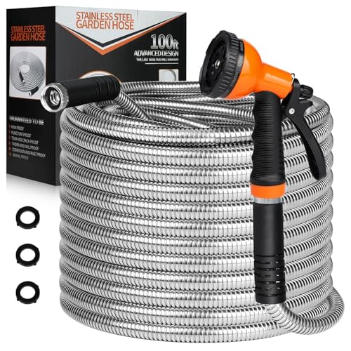 HDKing Garden Hose 100 FT - Flexible Metal Hose with 10 Function Nozzle, Kink Free, Lightweight, Durable, Crush Resistant Fitting, Easy to Coil, Puncture Proof Hose for Yard, Rv, 600 PSI - 2024 Model