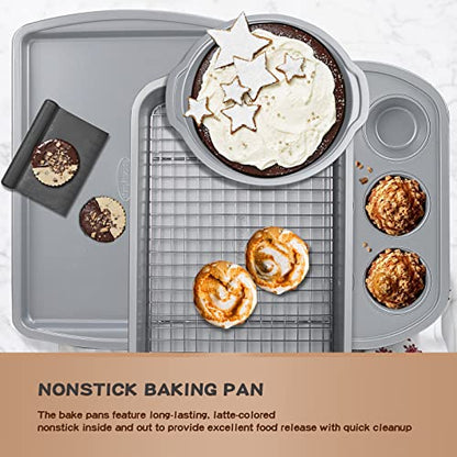 RavisingRidge Baking Pans Set with Nonstick Coating, Professional Ultrathick 7 Pcs Including Cake Pans, Cookie Sheets, and Cooling Rack - 0.8mm Thick, Dishwasher Safe, and Heavy Duty