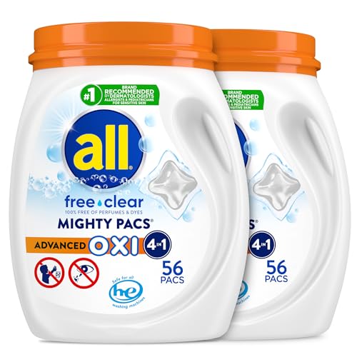 All Mighty Pacs Laundry Detergent with OXI Stain Removers and Whiteners, Free Clear, 56 Count, Pack of 2, 112 Total Loads