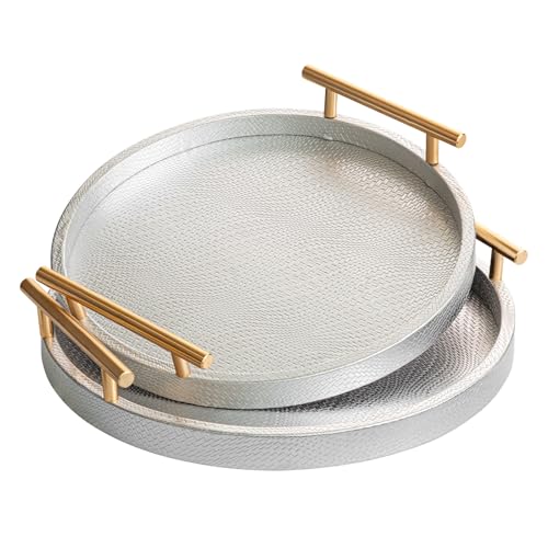 2 Piece Round Faux Leather Serving Tray with Handles