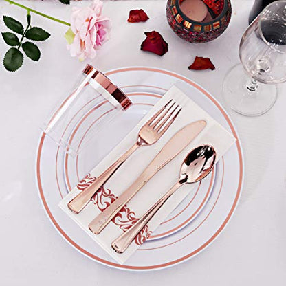 WDF 50Guest Rose Gold Plastic Plates with Disposable Plastic Silverware& Rose Gold Cups&Rose Gold Plastic Bowls&Hand Napkins-Plastic Dinnerware for Wedding&Parties